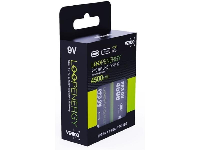 Verico Akku PP3 Li-Ion 9V E-Block mit USB-C 500 mAh, 2 Stüc 9V-Akkus mit USB-C-Ladeanschluss