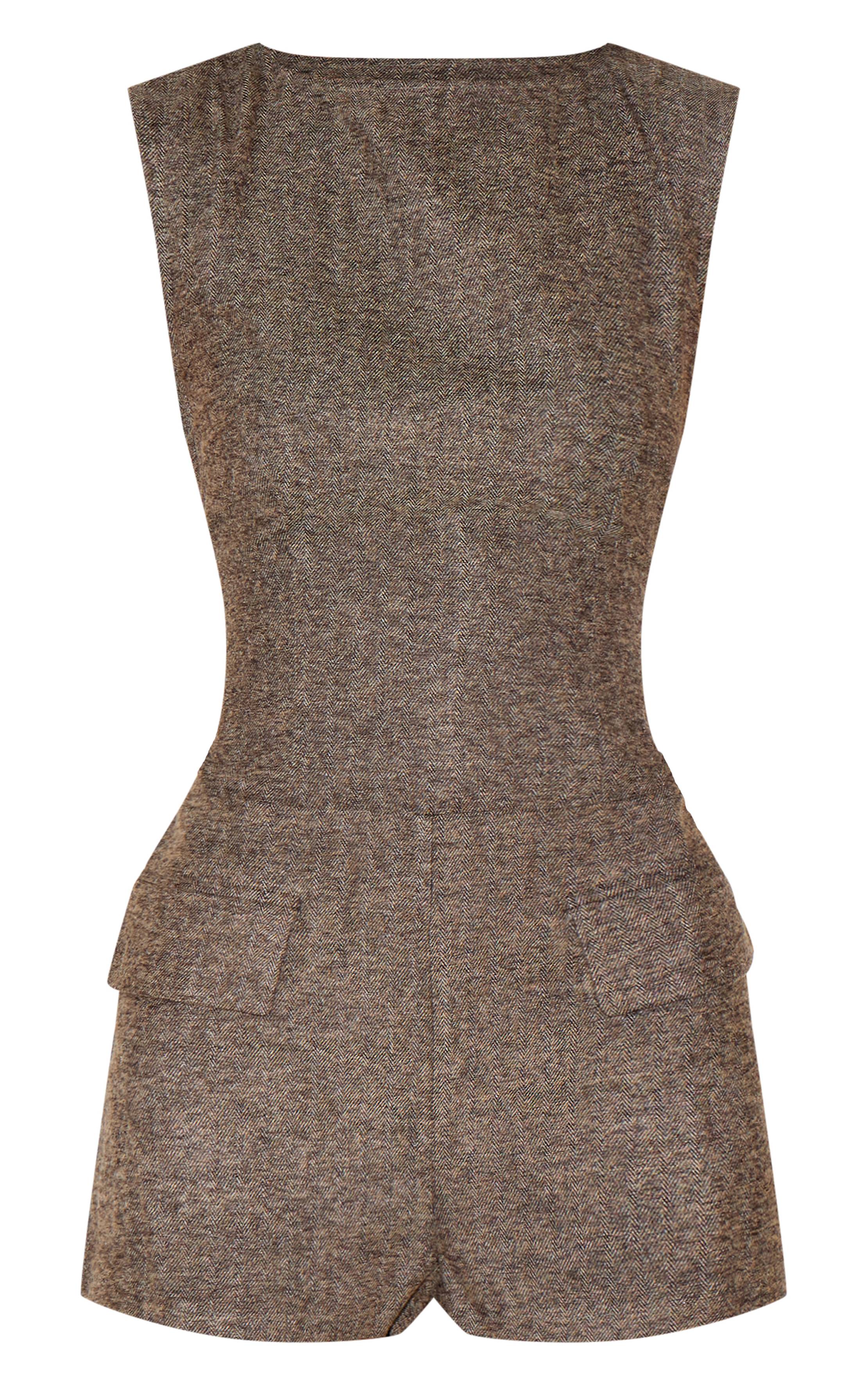 Marron Combinaison-short Sans Manches En Tweed Avec Détail Poches