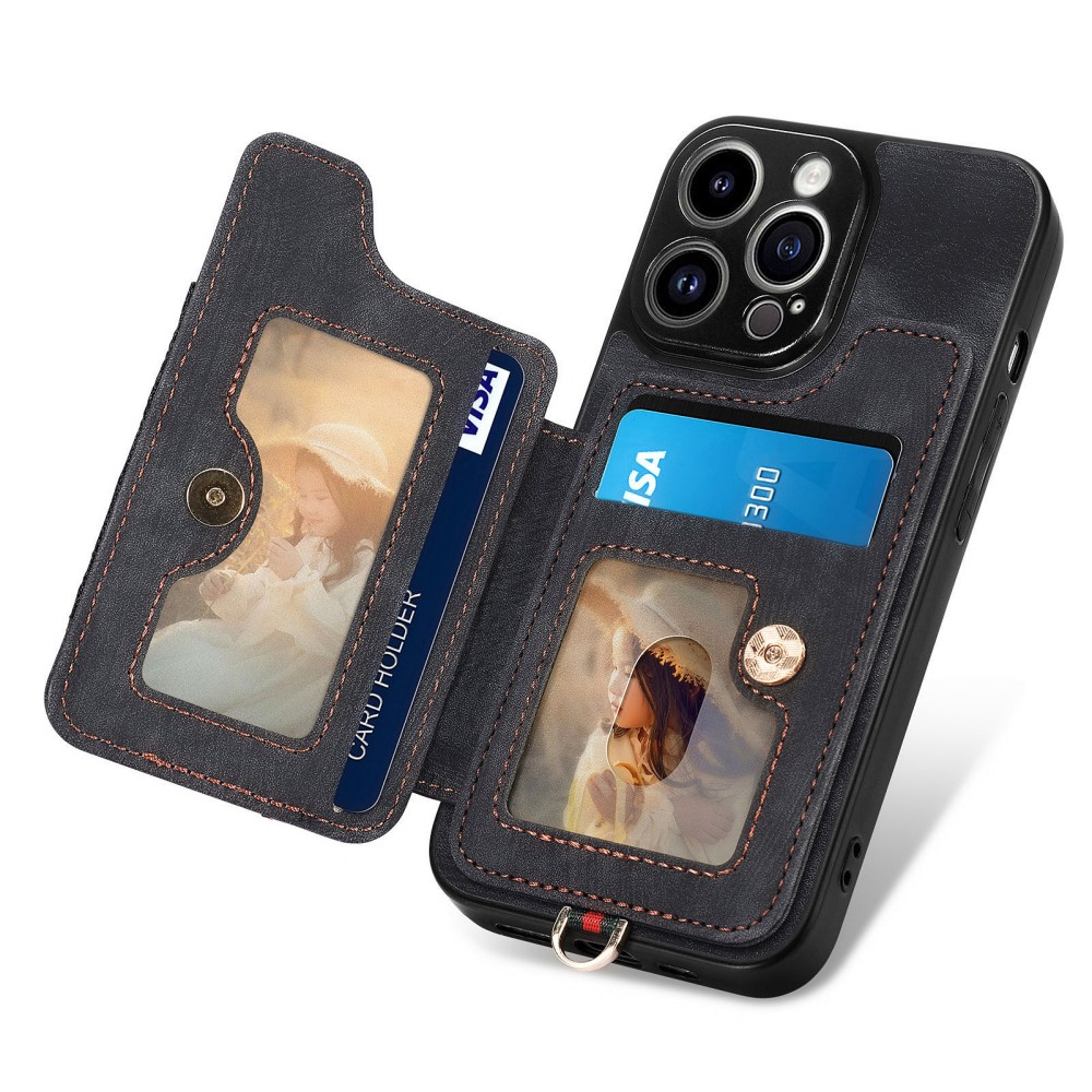 iPhone 14 Pro Necklace Leder Hülle mit Kartenfächer   Finger Griff Halterung   Handykette (RFID Schutz) - Schwarz