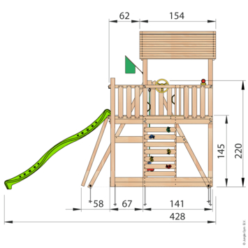 Speeltoestel Jungle Gym Chalet douglas met glijbaan groen en 1-schommel module