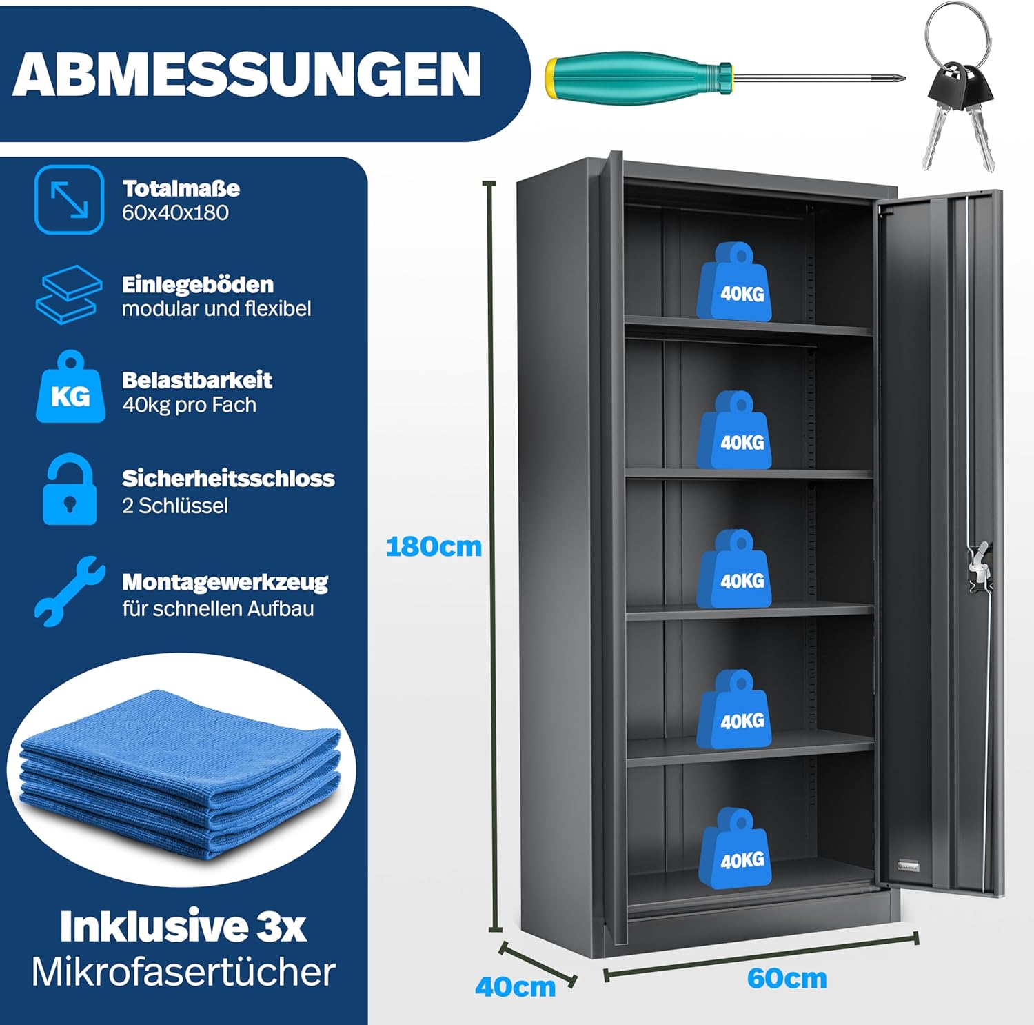 KESSER® Aktenschrank abschließbar mit Flügeltüren 180x60x40cm | Büroschrank aus Stahl mit 4 höhenverstellbaren Einlegeböden | Mehrzweckschrank 5 flexible Fächer, max. 40 kg pro Fach, inkl. 2 Schlüssel RD0509165