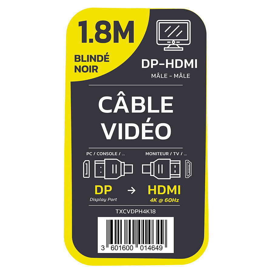 TEXTORM Câble DisplayPort vers HDMI blindé 4K - Mâle/Mâle - 1.8 m