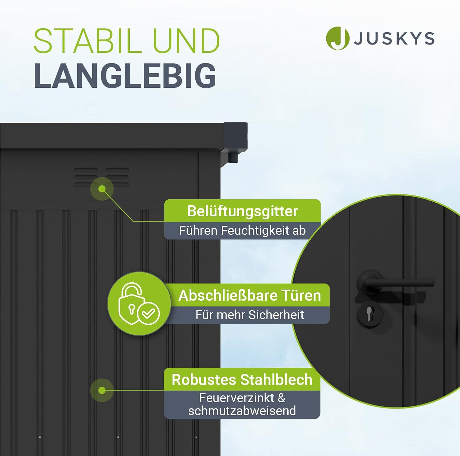 Juskys Gerätehaus Luzern M - 5,2 m² - Metall Geräteschuppen mit Türen & Fenstern - wetterfest & abschließbar - Fahrradgarage, Gartenhaus - Anthrazit