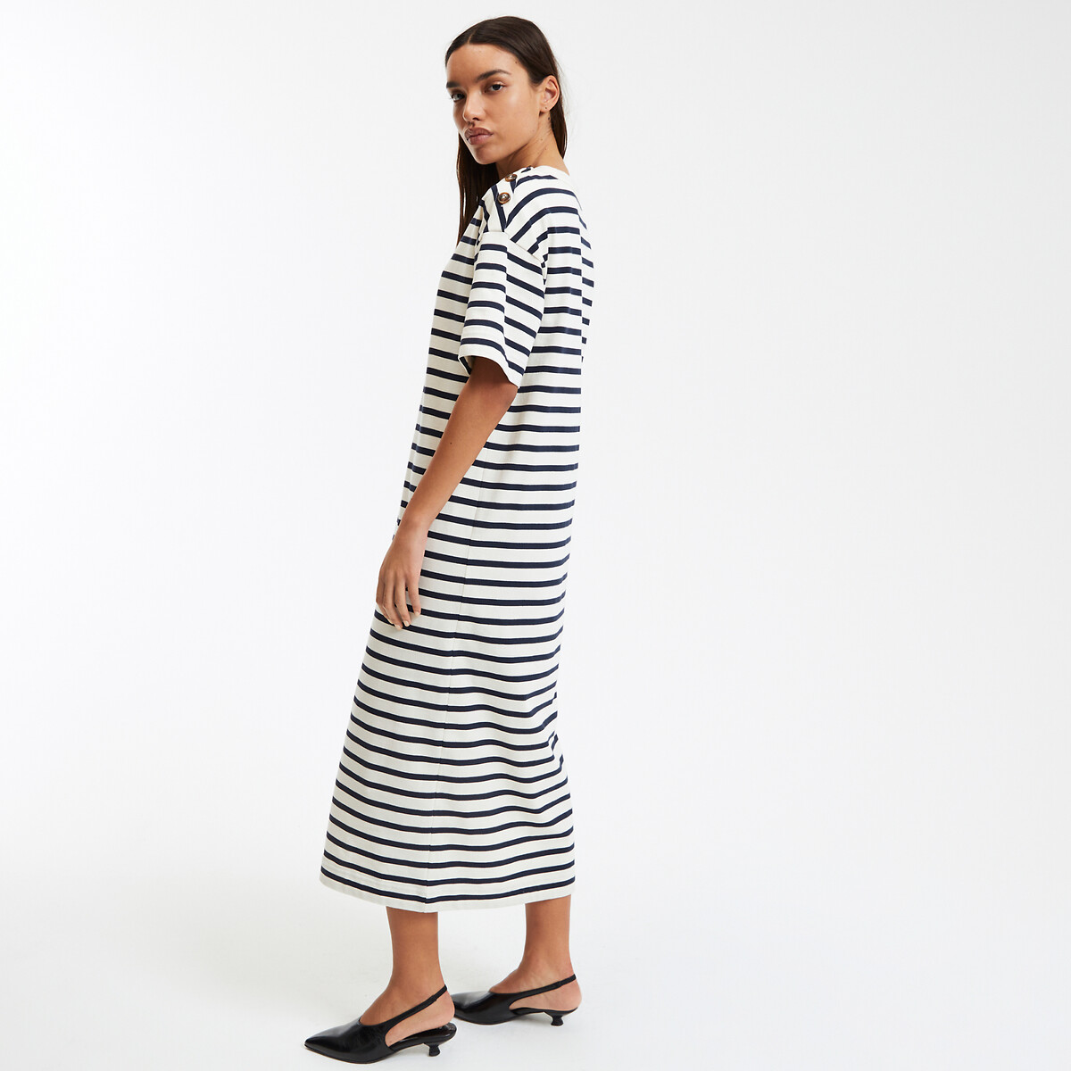 COLEÇÃO LA REDOUTE<br>Vestido longo listrado em jérsei com botões no ombro