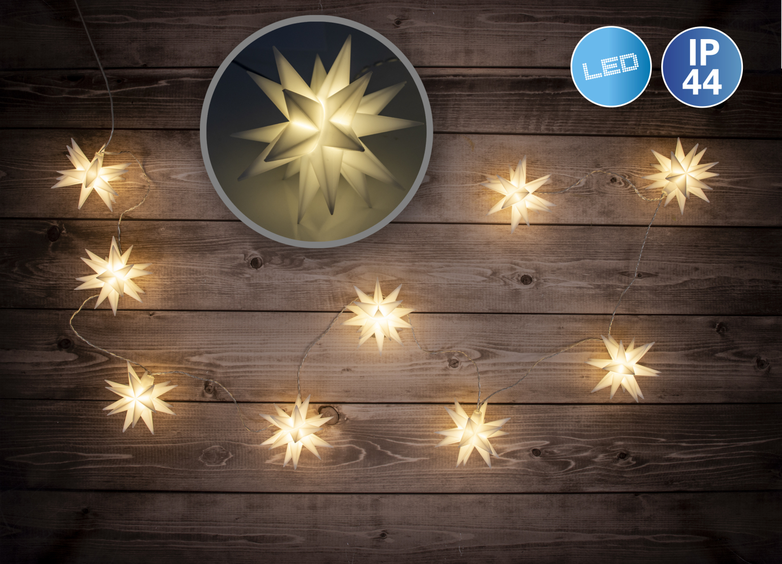 9er-LED-Weihnachtslichterkette - weiß - 3D-Sterne