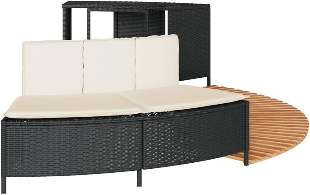 Whirlpool-Umrandung Schwarz Poly-Rattan und Massivholz Akazie Schwimmbecken Poolumrandung
