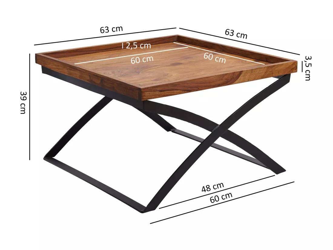 Table Basse Wl5.595 63X39X63Cm Table Basse En Bois Massif Solide / Métal En Bois De Sheesham |