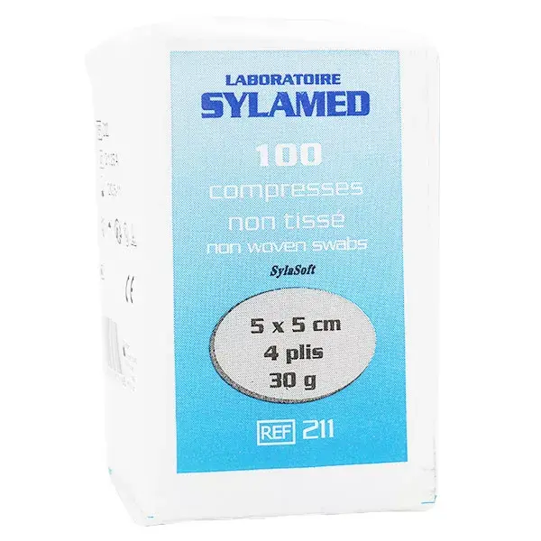 Compressas de viscose não tecidas não estéreis Sylamed, 5 cm x 5 cm, 30 g, 4 camadas, 100 unidades.