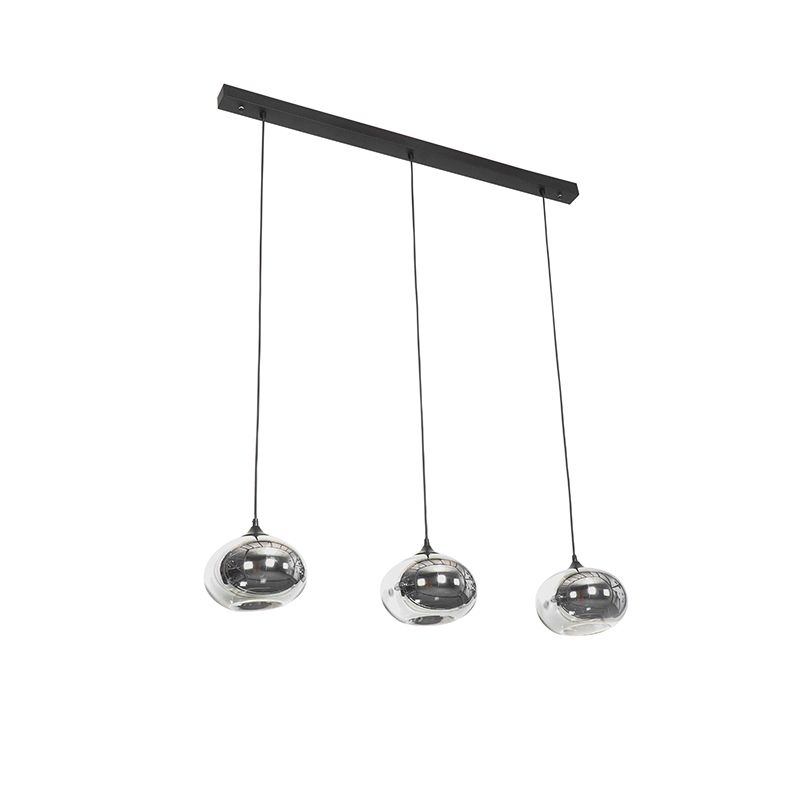 Art Deco hanglamp zwart met glas smoke langwerpig 3-lichts - Busa