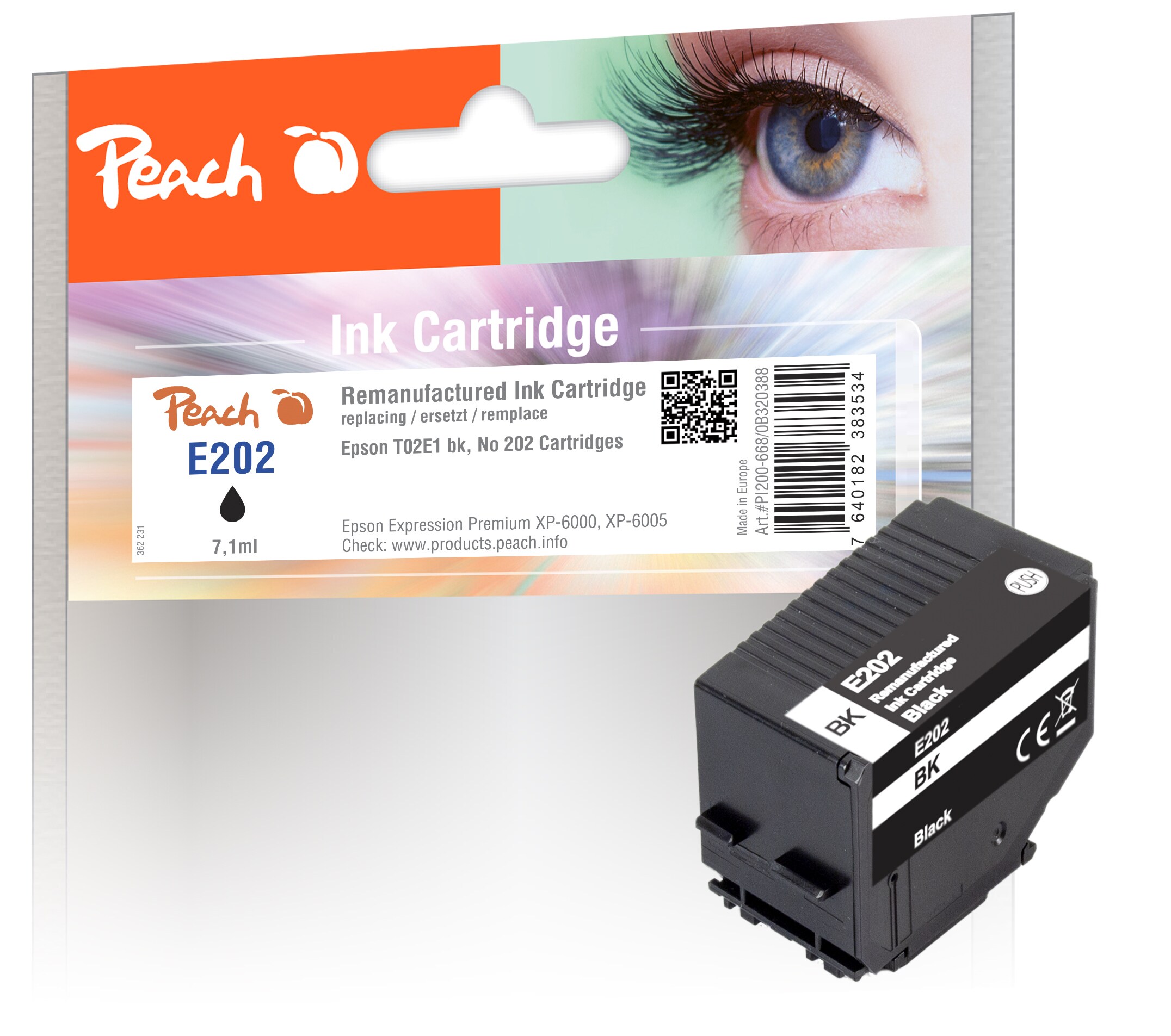 Peach E2E1 Druckerpatrone bk ersetzt Epson T02E1, No. 202 bk, C13T02E14010 für z.B. Epson Expression Premium XP -6000 (wiederaufbereitet)