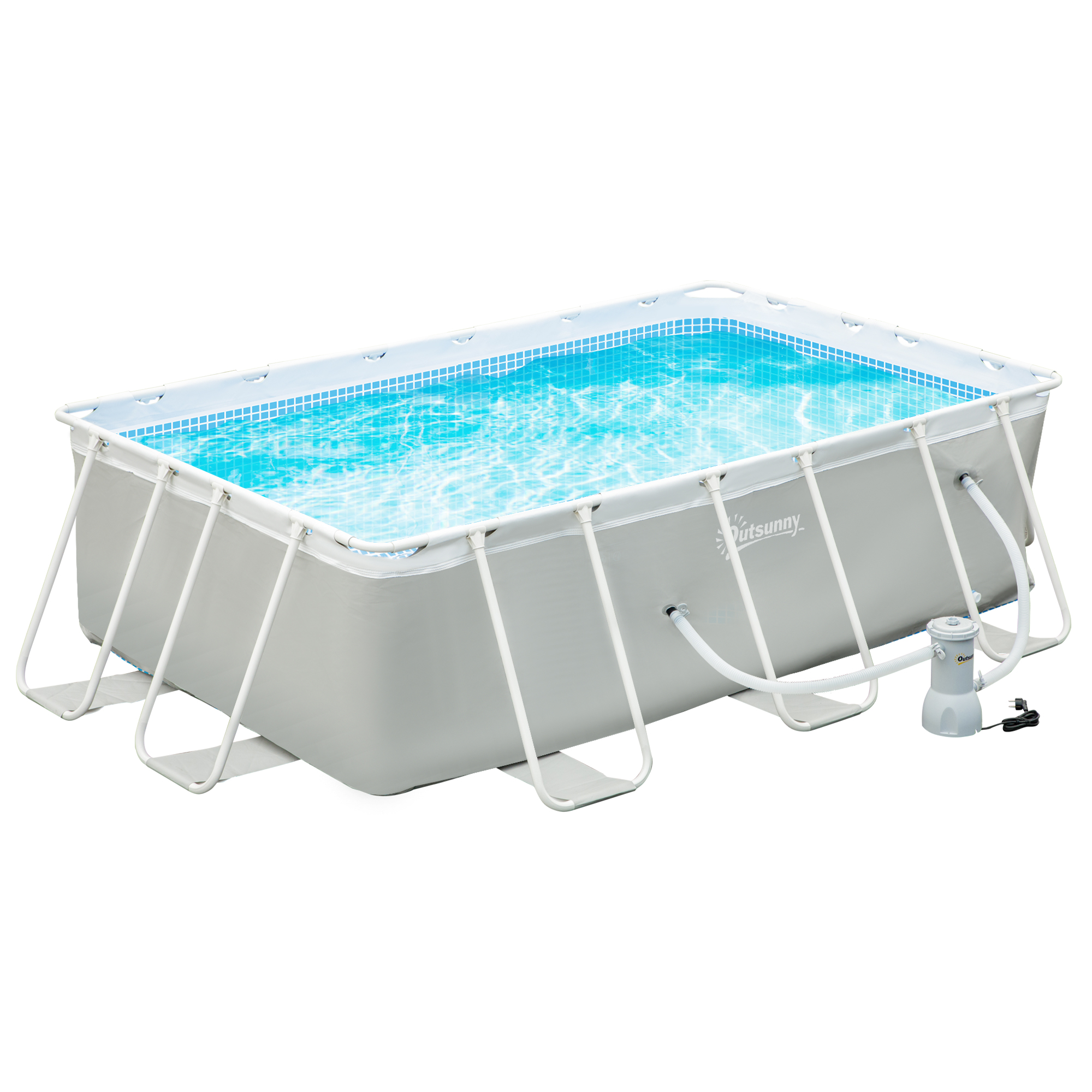 Piscina retangular tubular Outsunny de 340x215x80 cm para uso externo, com bomba de filtro de cartucho de 4.000 L/h, mangueira de 100 cm e estrutura de aço de 4.200 L, cinza.
