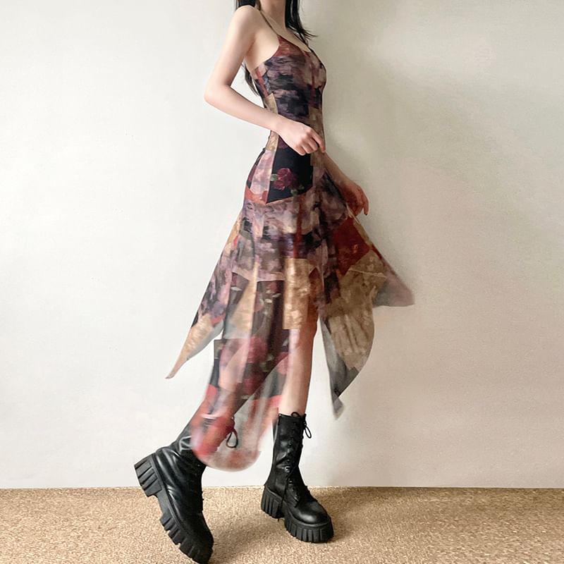 Honey River - Asymmetrische mesh midi-A-lijnjurk met spaghettibandjesprint