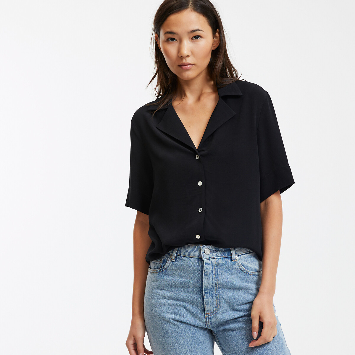 COLEÇÃO LA REDOUTE<br>Blusa com gola de lapela e mangas curtas