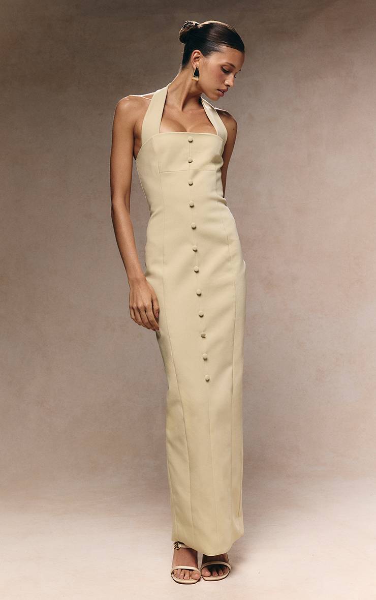 Amande Robe Longue Tissée À Col Licou Avec Boutons