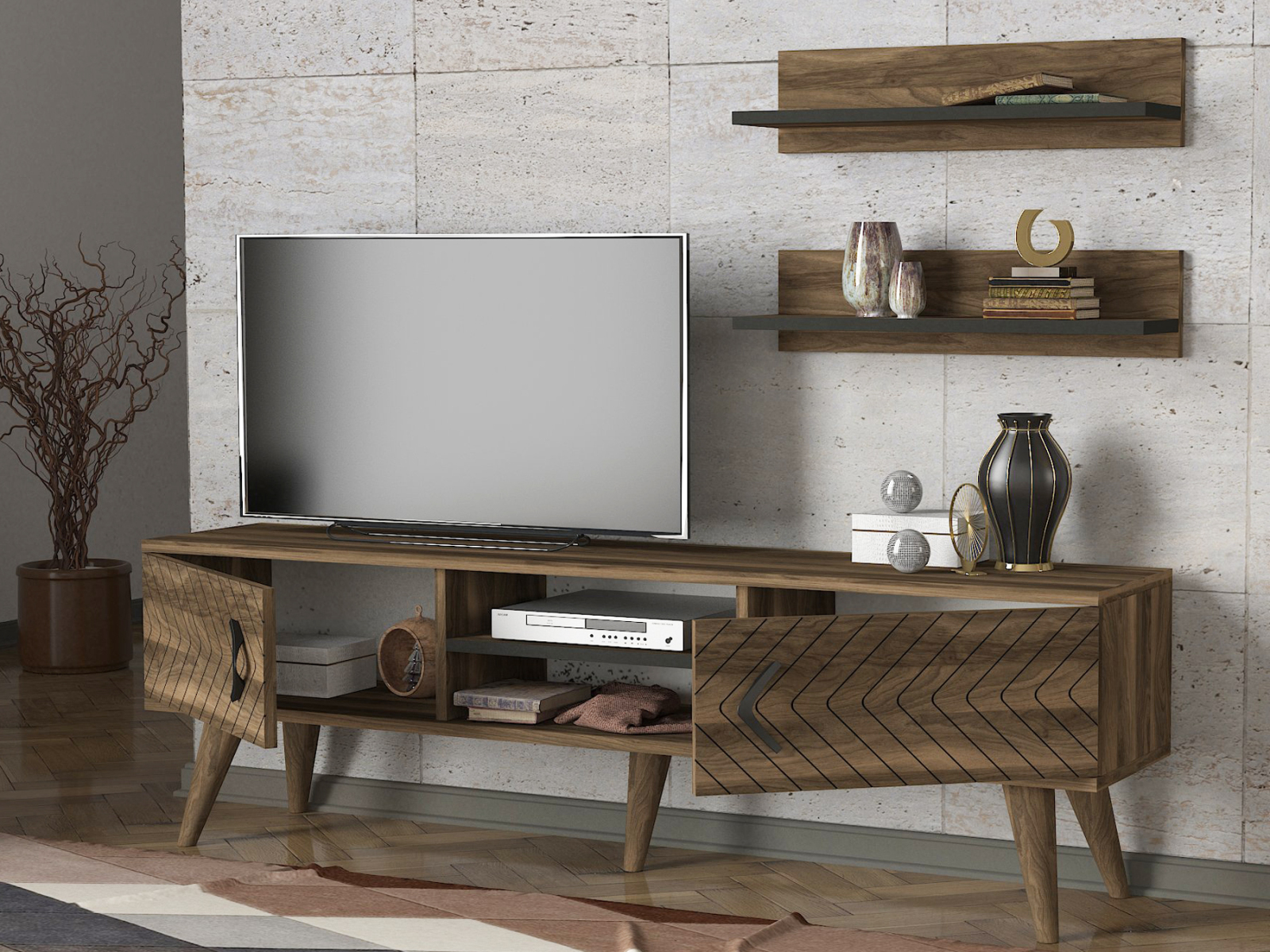 3-teilige Wohnwand- Walnuss - Metallgriffe - 150 cm