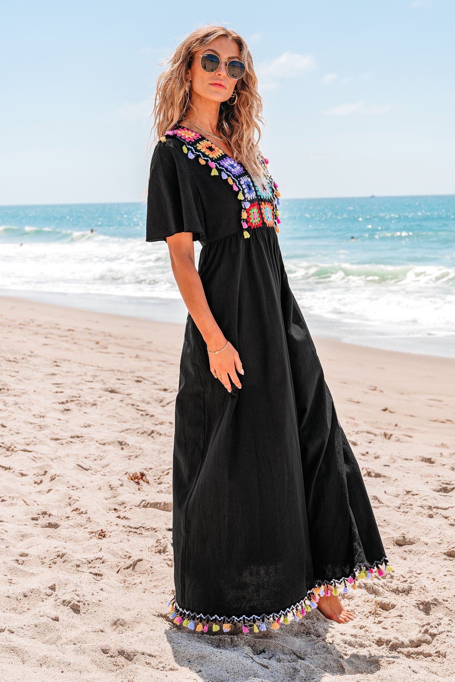 Robe maxi en pur coton et crochet à carré coloré