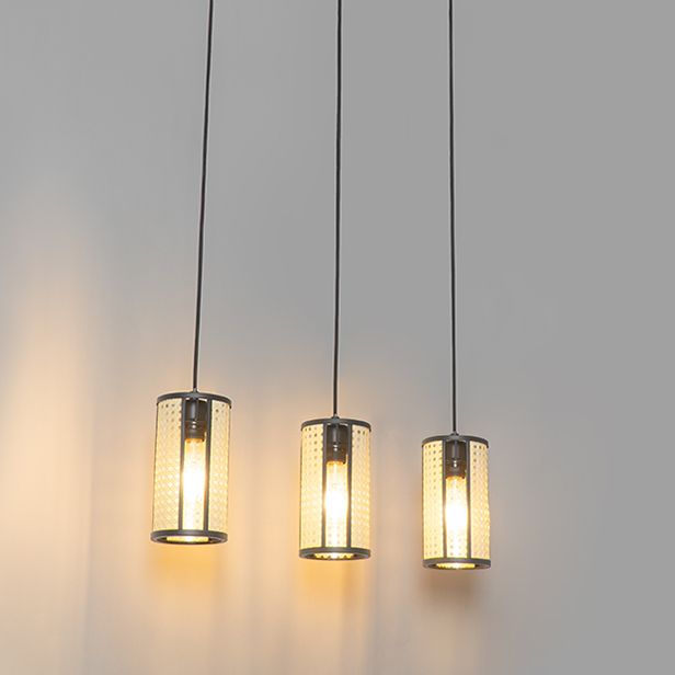 Oosterse hanglamp zwart met rotan 3-lichts langwerpig - Akira