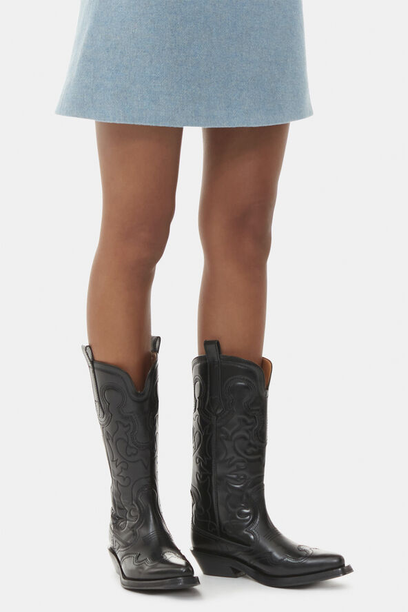 Ganni Mid Shaft Embroidered Western Boot Black/black