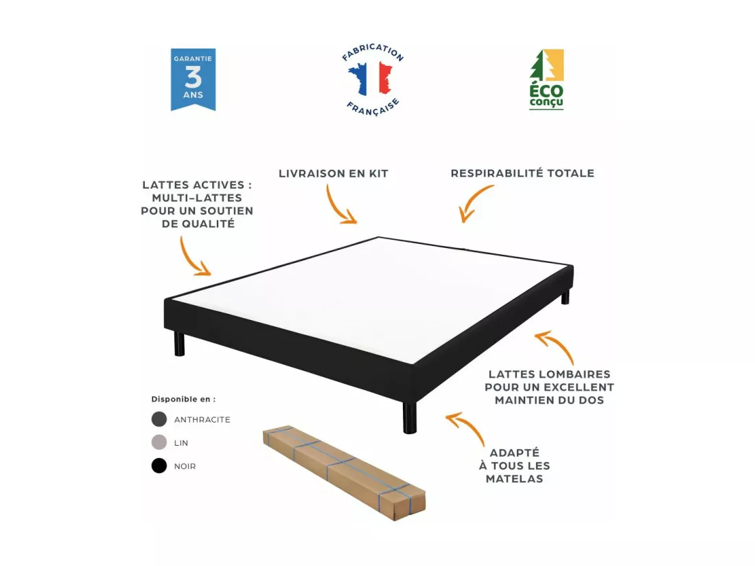 Sommier déco en Kit + pieds 160x200 - Newkit 40 lattes bois - Tissu lin - H. 18 cm