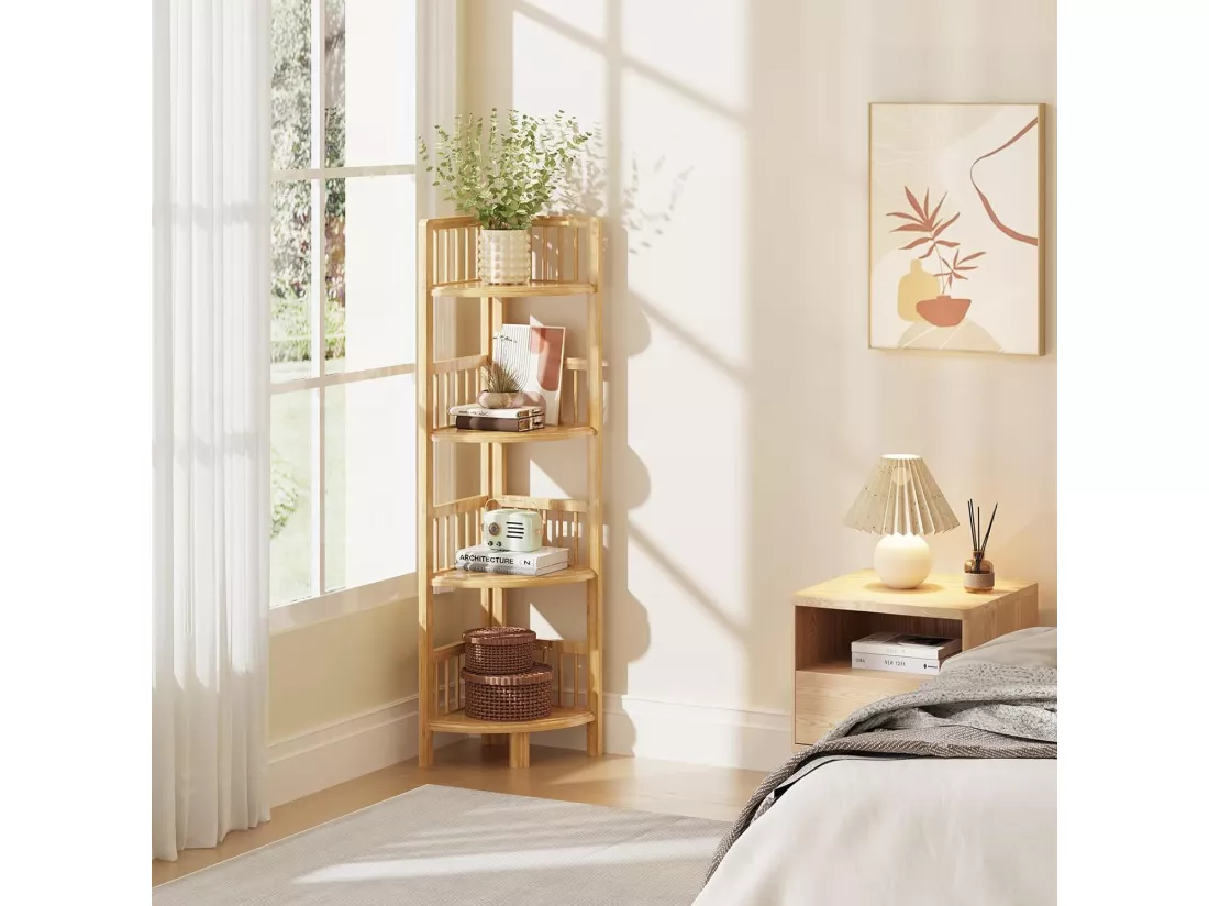 Etagère d'angle 4 niveaux en bambou,Étagère de Rangement pour Salon Salle de Bain Cuisine Balcon Couloir 104 x 30 x 30 cm - Naturel