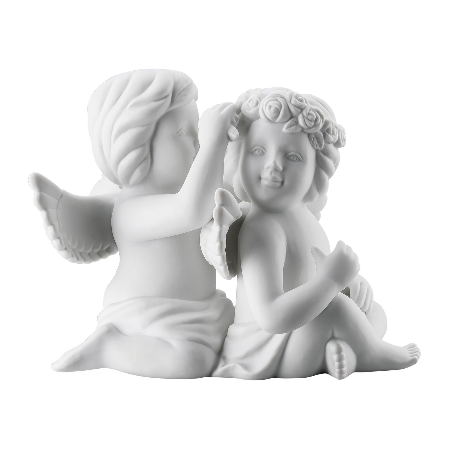 Angels Weiss matt Engelpaar mit Blumenkranz