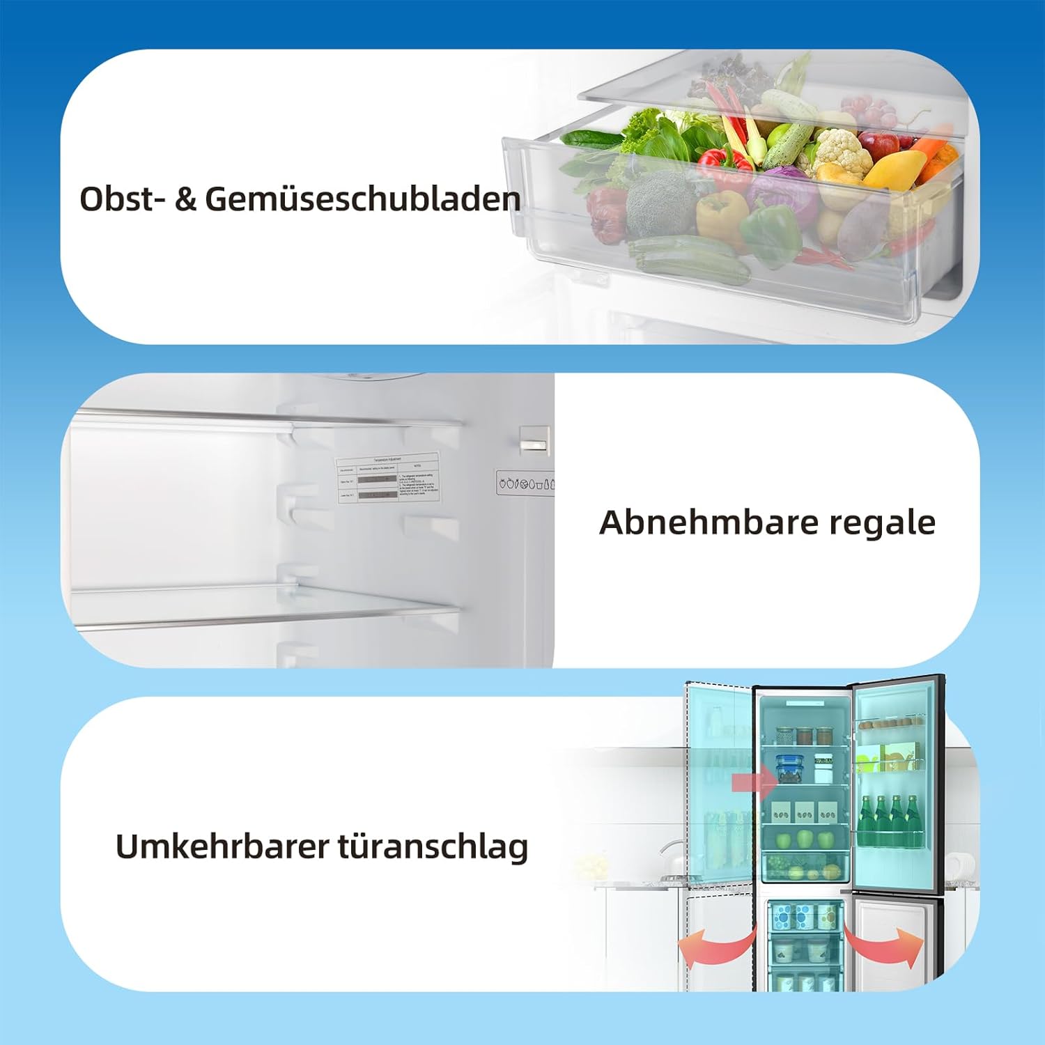 CHIQ CBM260LC Kühl/Gefrie Kombination 262L (187L Kühlbereich+75L XXL Gefrierfach) |137 kWh/Jahr, EEK C, Edelstahloptik, 38dB | Wechselbartür, 4-Sterne Gefrierleistung, Schwarz