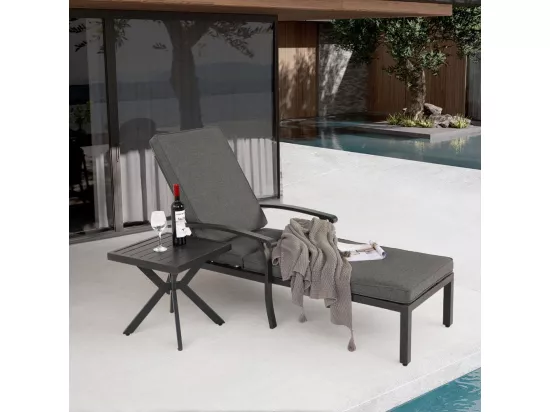 Chaise longue de jardin 1 pièce avec coussin gris imperméable en coton inclinable et réglable structure aluminium antirouille transat piscine extérieur