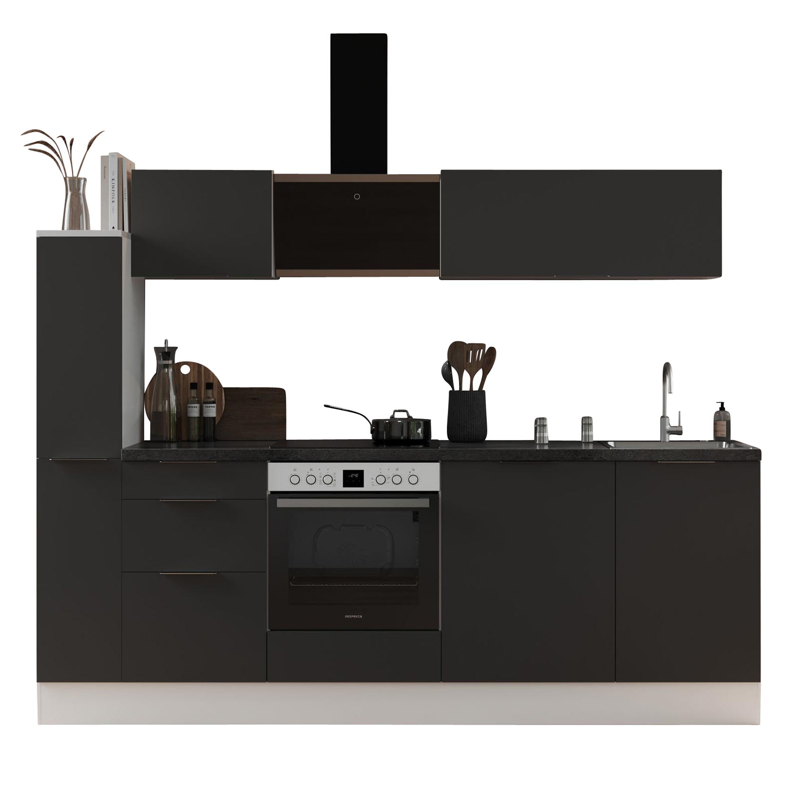 RESPEKTA Küchenblock - grau matt - weiß matt - mit E-Geräten - 250 cm