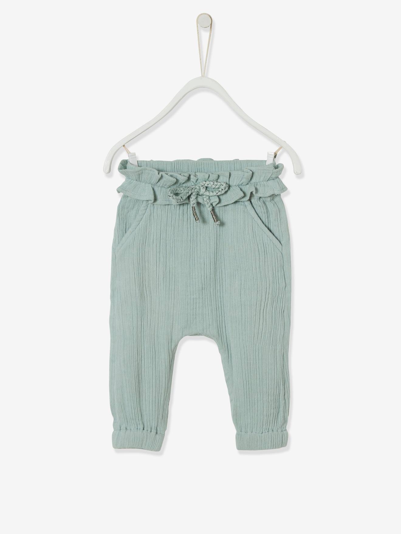 Calça lisa verde-média com elástico na cintura para bebê menina