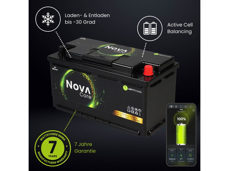 WATTSTUNDE Batterie NOVA Core 100 Ah LiFePO4 Batterie mit langer Lebensdauer