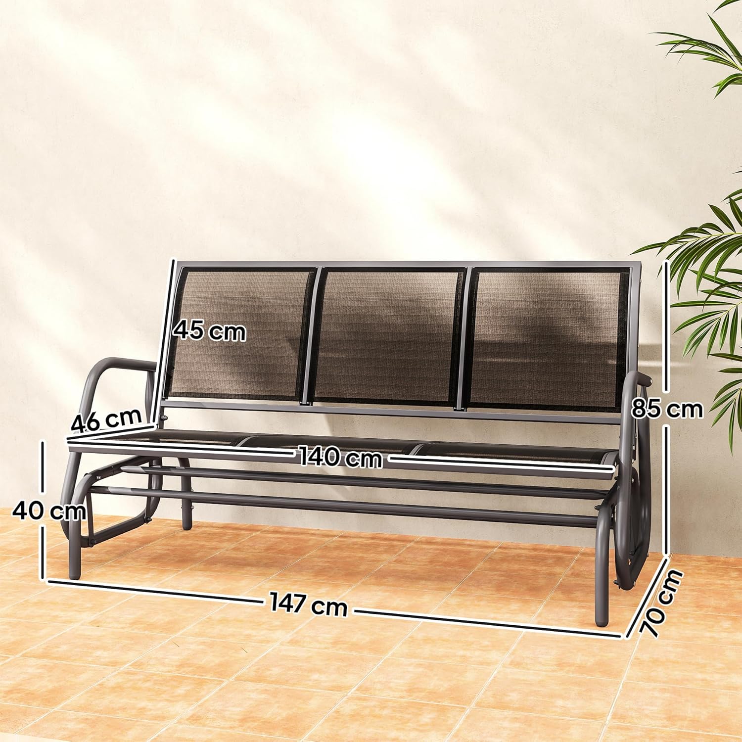 Outsunny 3-Sitzer Schaukelstuhl Gartenbank mit Schaukelmechanismus Gartenschaukel Sitzbank aus Metall Parkbank bis 300 kg belastbar Gartenmöbel für Garten, Terrasse, 147 x 70 x 85 cm Dunkelgrau