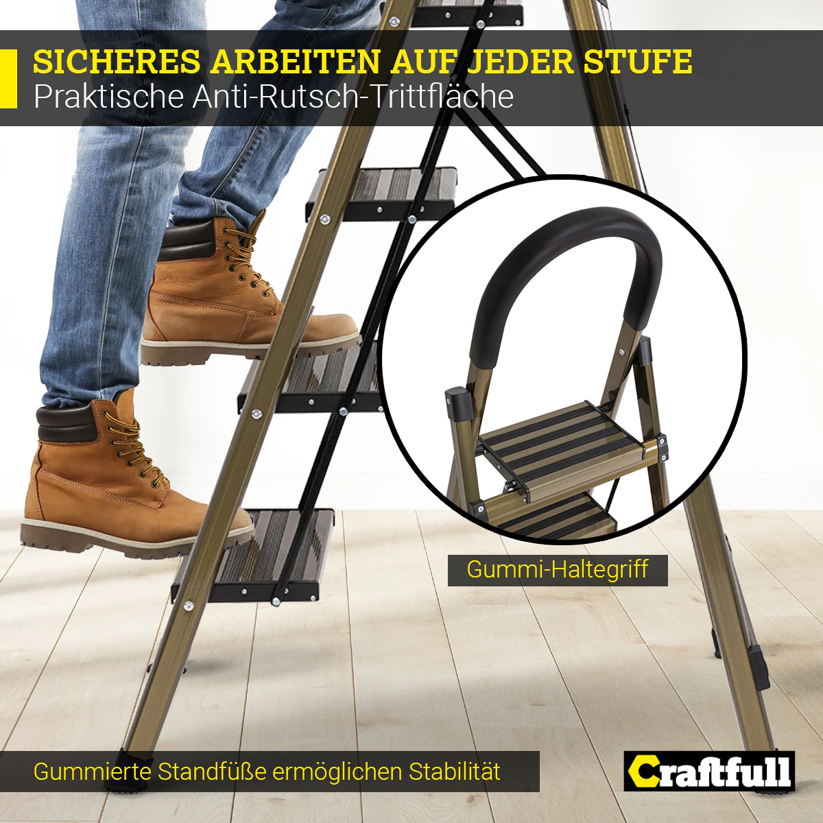 Craftfull Design-Stehleiter CF-134A, Aluminium-Klappleiter, 6cm dünn, Champagner/Silber, 3-5 Stufen (3 Stufen Champagner Edition)