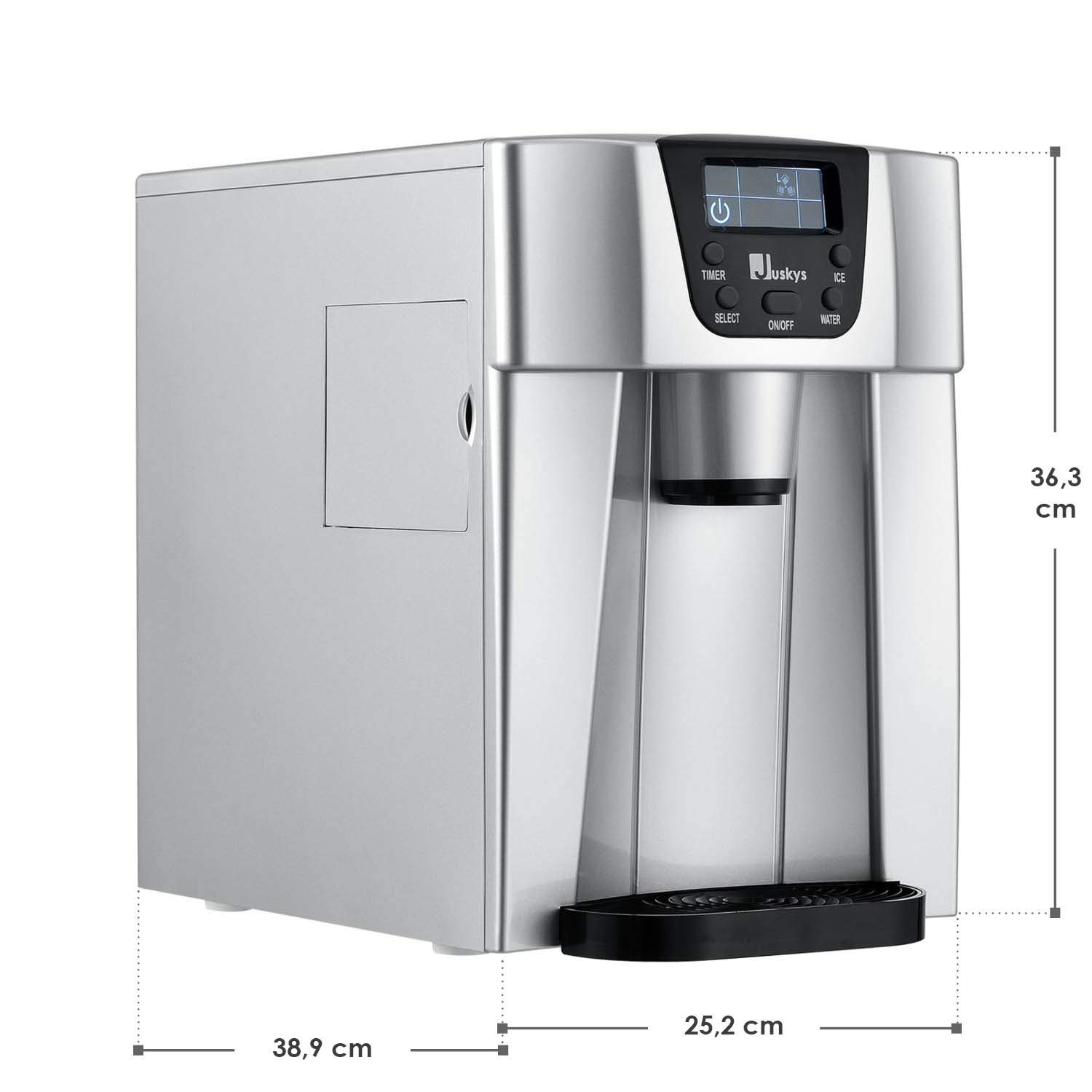 Juskys® Eiswürfelmaschine PIM200L mit 2in1 Direkt-Spender & Timer — bis 12kg / Tag, Eiswürfel in 6-10 Minuten, 2 Größen, 2L Tank — Eiswürfelbereiter silber