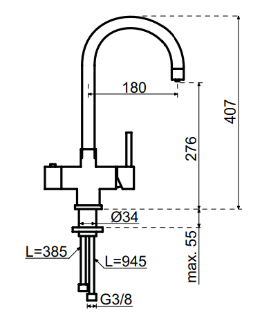 Selsiuz Inox kokend water kraan met titanium combi extra boiler en C-uitloopkraan gold