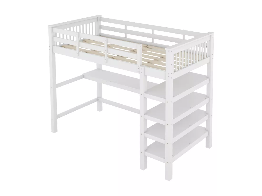 Lit mezzanine 90x200cm en bois - avec bureau et étagère de rangement - Blanc