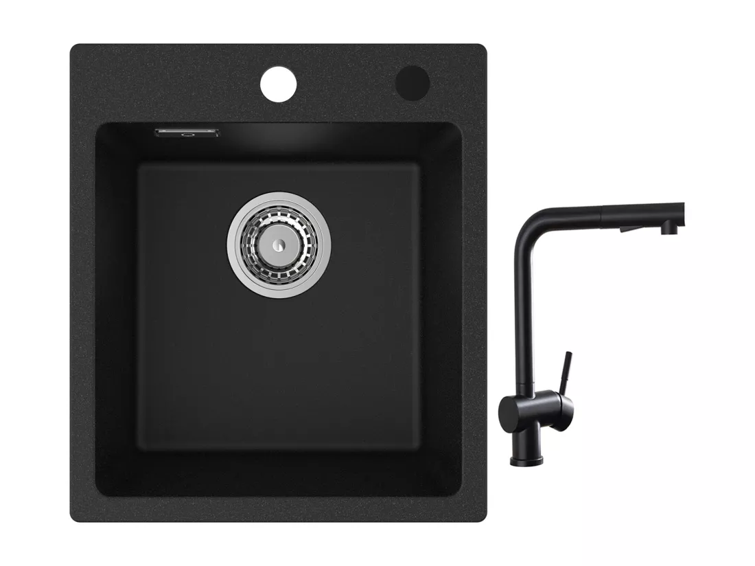 Cecipa max 40x45cm Evier de Cuisine en Quartz et Résine Evier Quartz 1 Bac Noir + Robinets Cuisine avec Douchette Extractible, Mitigeur d'évier Noir