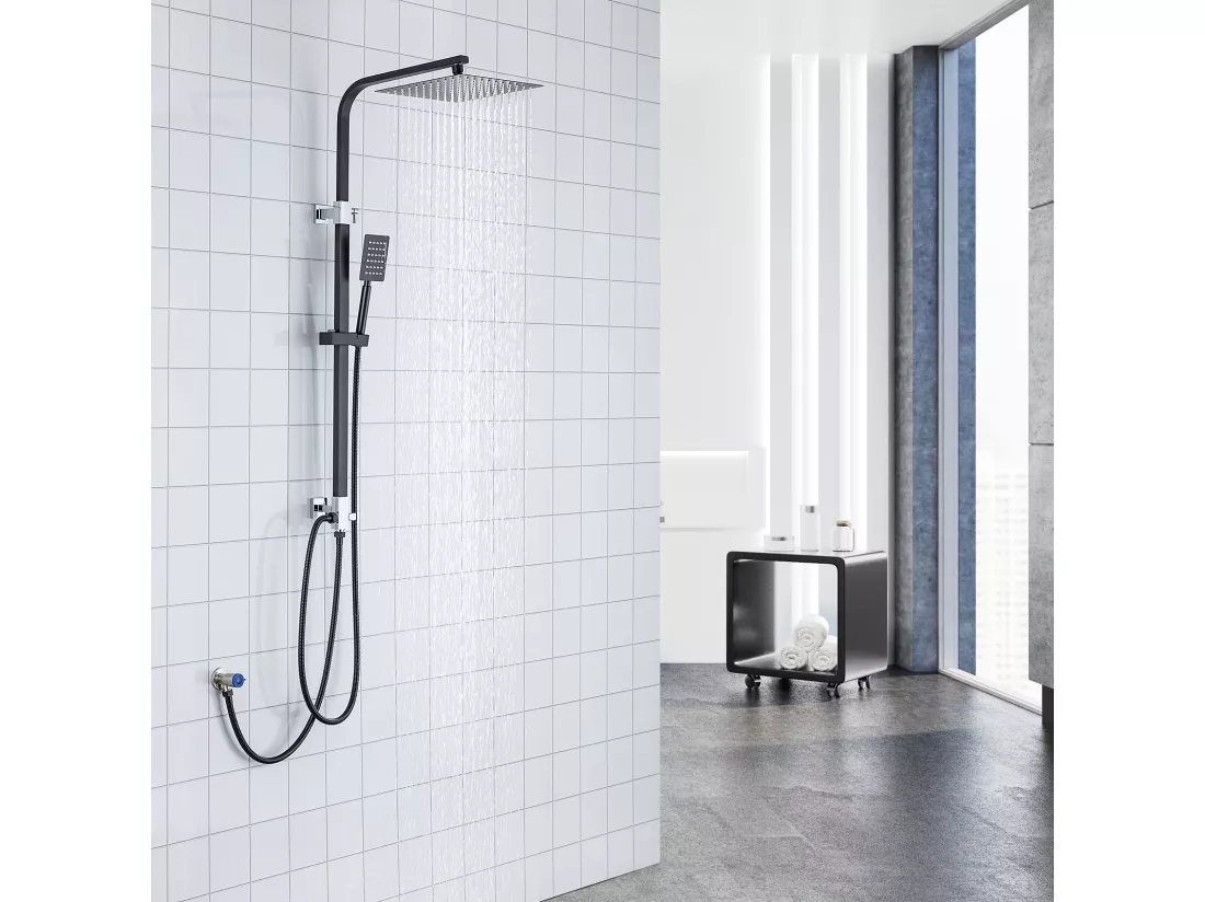 Colonne de Douche Sans Mitigeur Système Douche avec Douchette à Main/Tête de Douche Carré 10 Pouces/Hauteur Réglable 690-1130 mm Salle de Bain，Noir