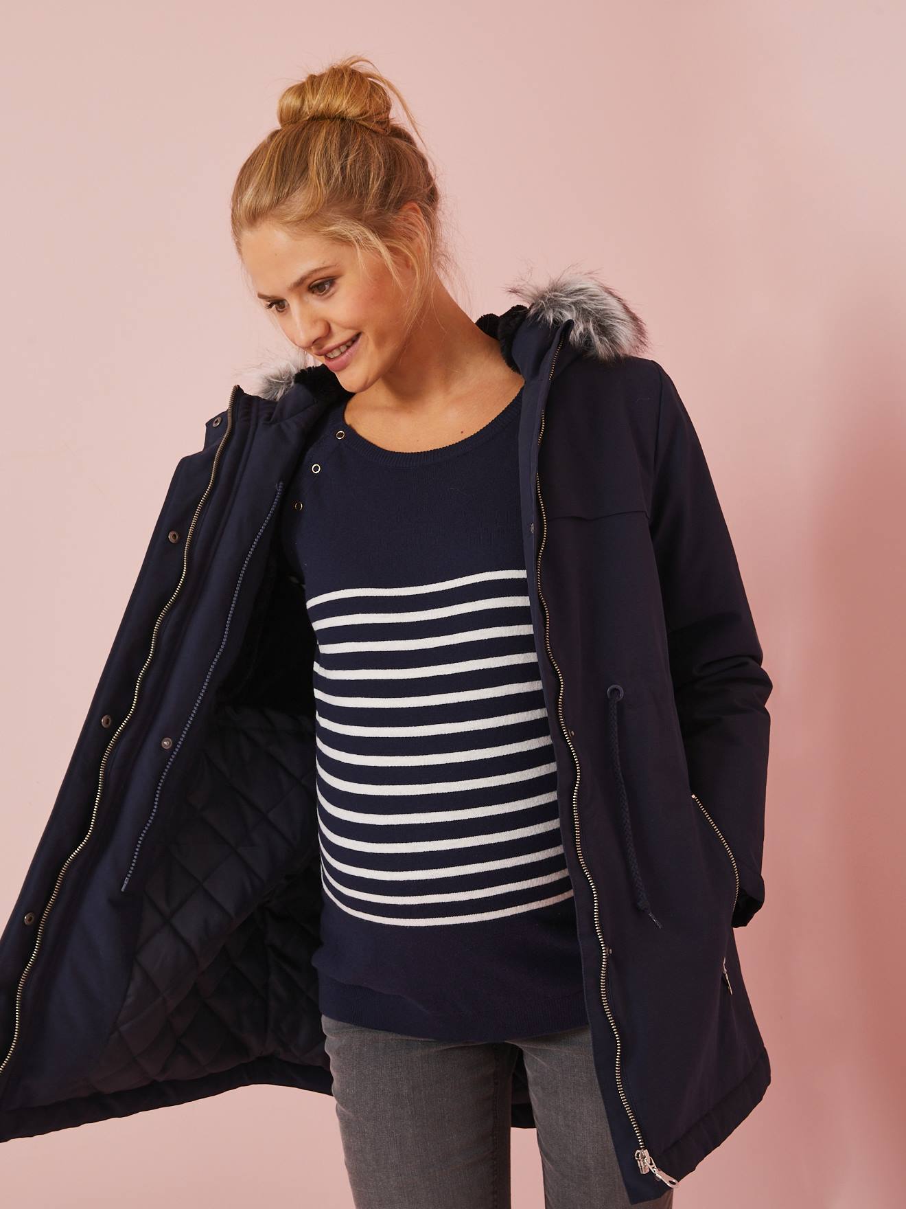 Parka evolutiva 3 em 1 para gravidez e pós-parto, azul escuro liso