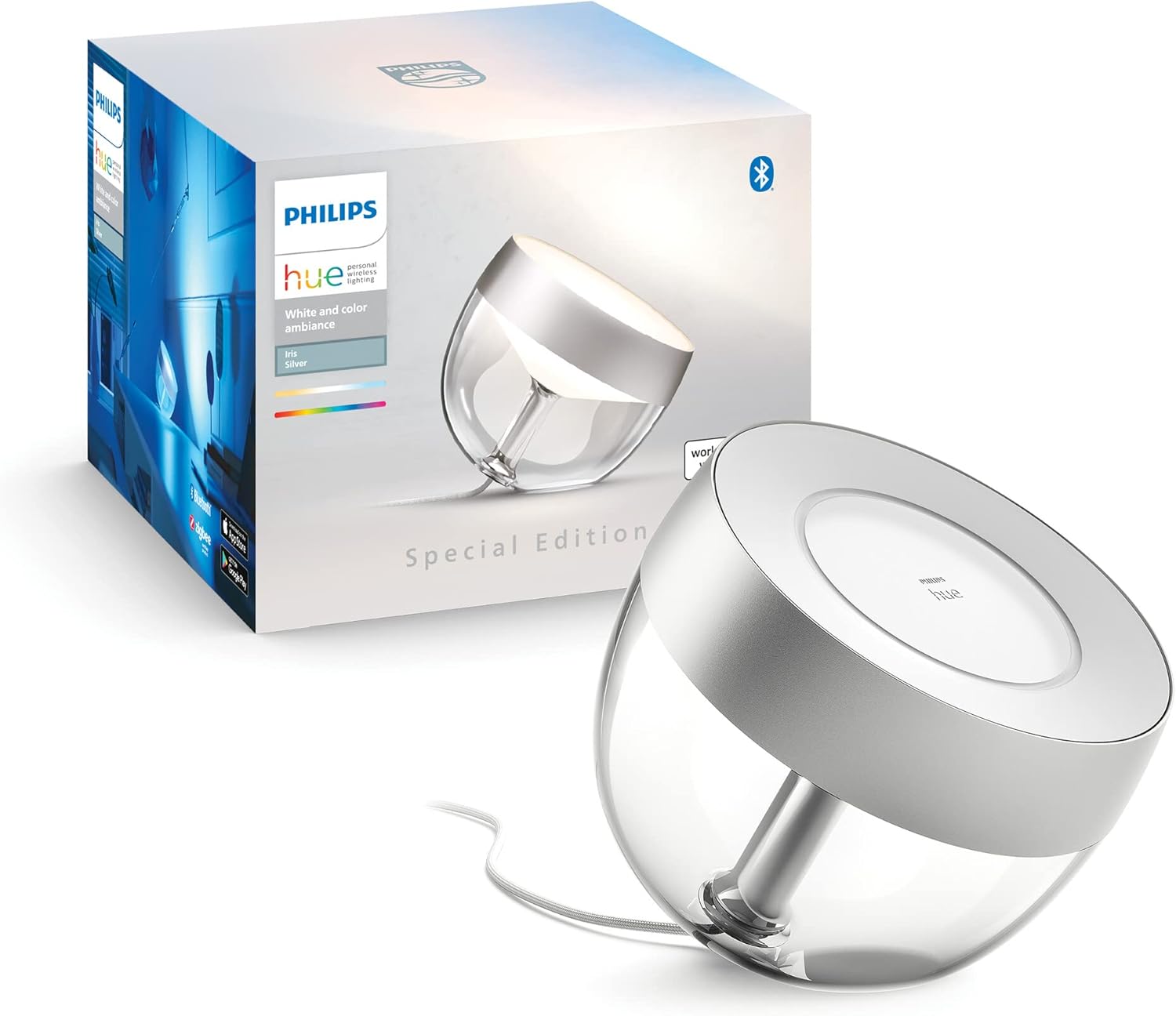 Philips Hue White & Color Ambiance Iris Tischleuchte Special Edition Silber 520lm, dimmbar, 16 Mio. Farben, steuerbar via App, kompatibel mit Amazon Alexa