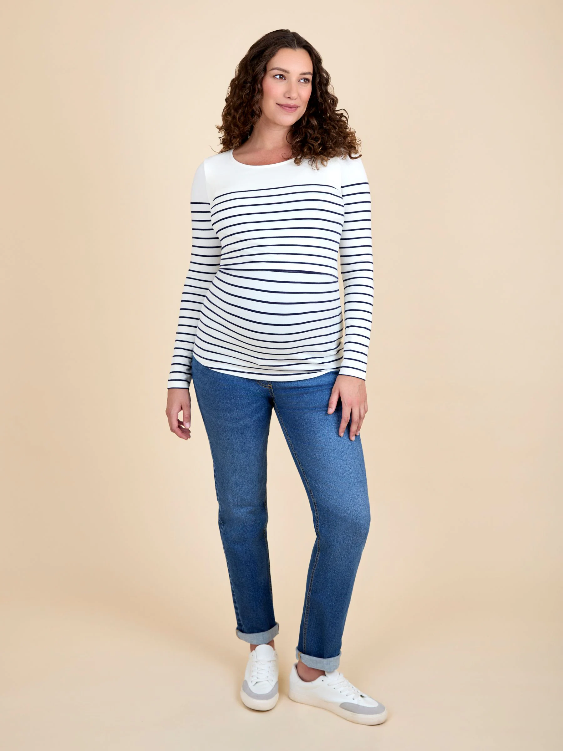 Marineblauw-ecru gestreept - JoJo Maman Bébé Gestreepte zwangerschaps- en borstvoedingstop met lange mouwen