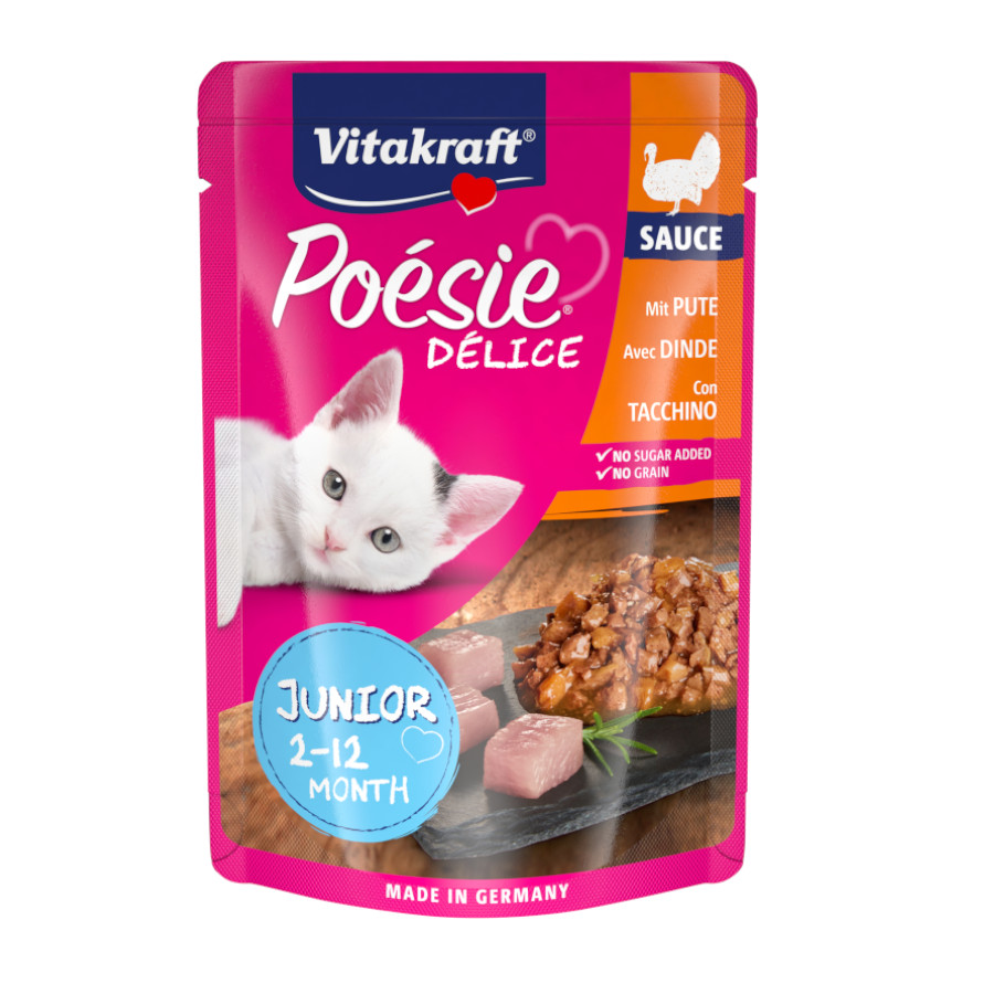 Sachê de 85g de Vitakraft Junior Poésie com peru ao molho para gatinhos.