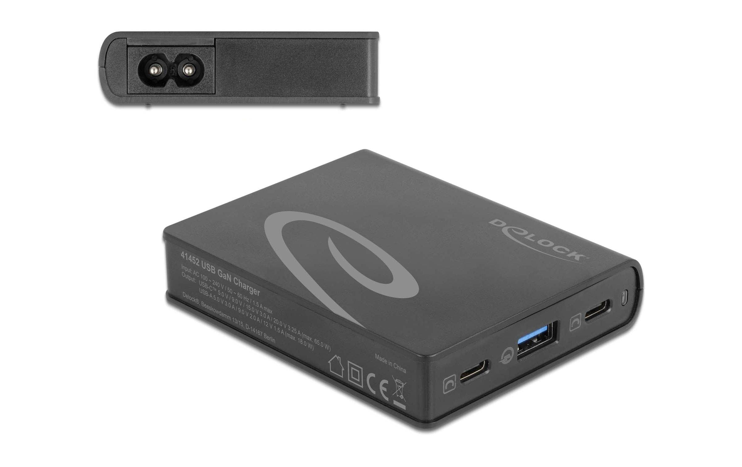 USB-Wandladegerät 2x USB-C Power Delivery, 1x USB-A, 65WDelock USB GaN Ladegerät 2 x USB Type-C PD 3.0 + 1 x USB Typ-A mit 65 W