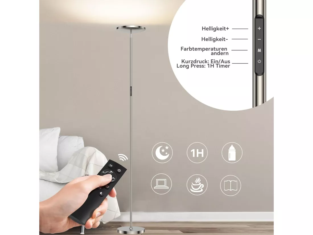 30W Lampadaire LED Dimmable Nickel,3330lm Lampadaires sur pied Salon avec Télécommande & Contrôle tactile,3000-6000K,1H Timer,pour Chambre Bureau