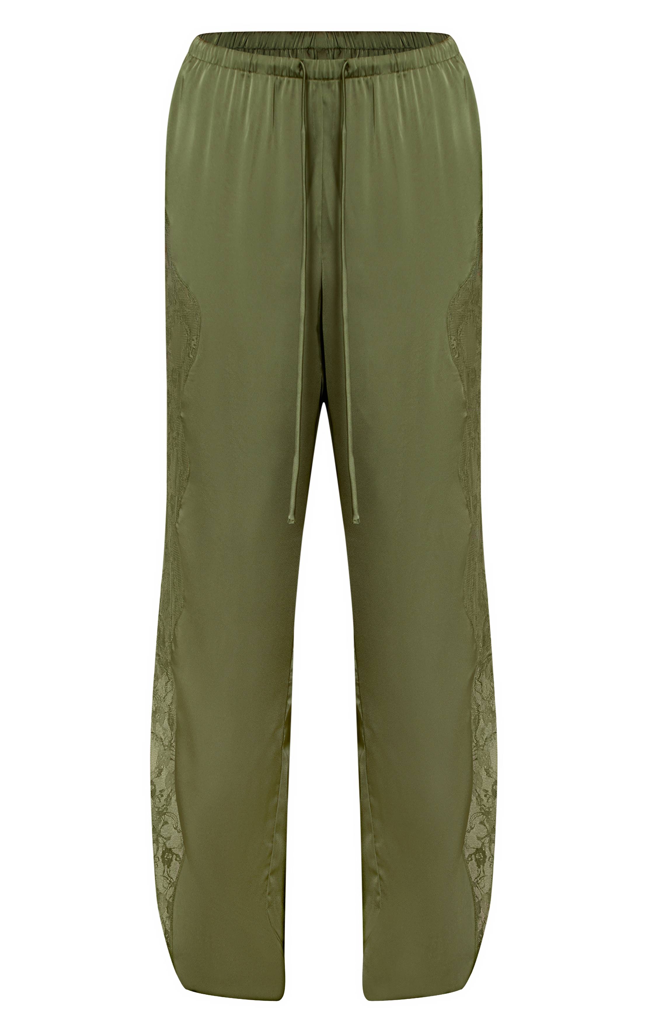 Vert Olive Foncé Pantalon En Satin À Lacets Avec Cordon De Serrage