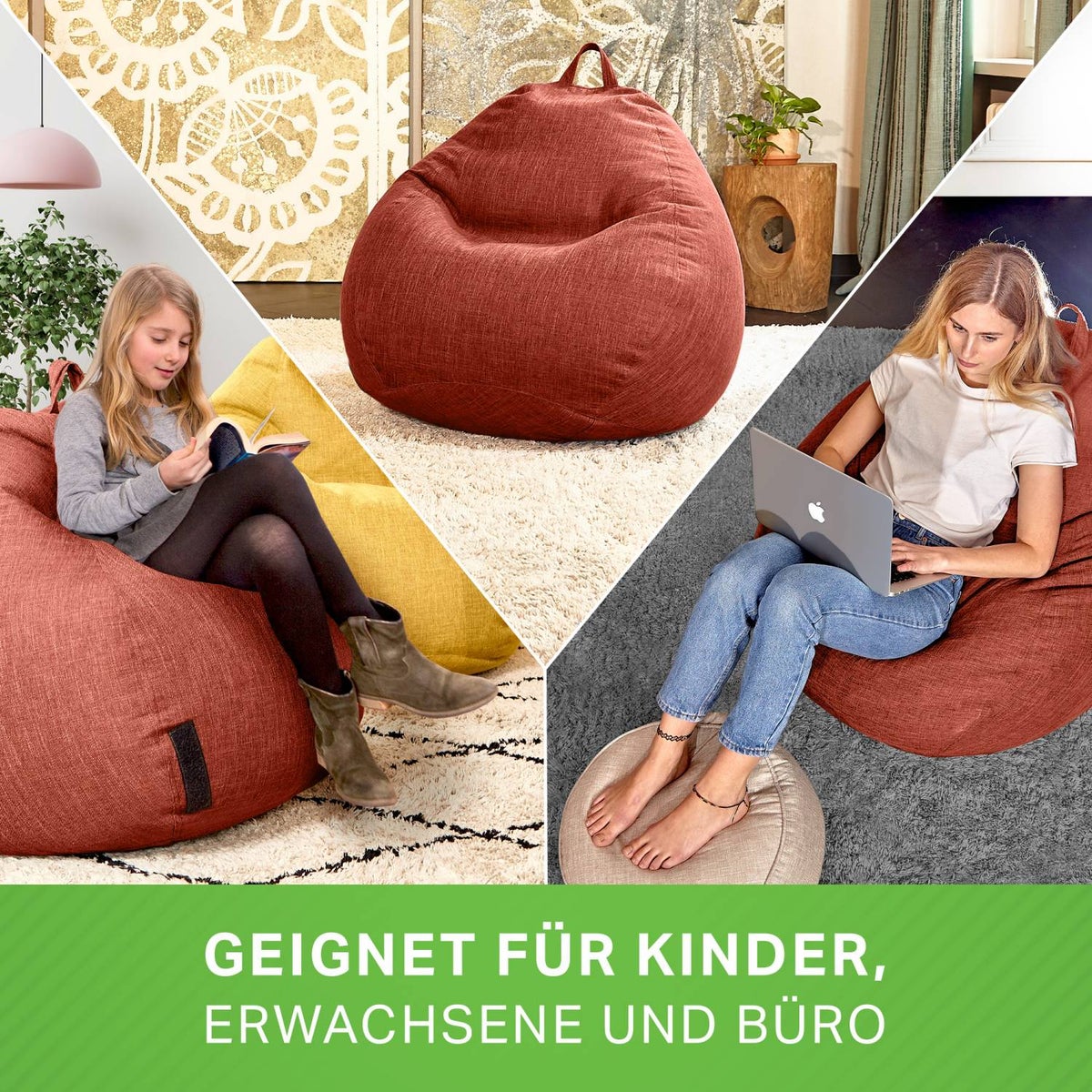 Green Bean Indoor zitzak met 200 liter EPS-korrelvulling, knuffelzacht, wasbaar - Stoffen vloerkussen, ligstoel, zitkussen, loungestoel voor binnen - Kersenrood