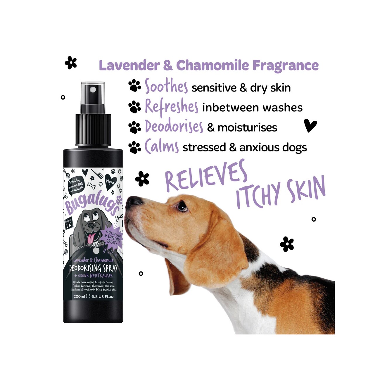 Bugalugs Lavendel & Kamille Hundedeodorant Beruhigender Duft mit Aloe Vera & Pro-Vitamin B5 Vegan & pH-neutral