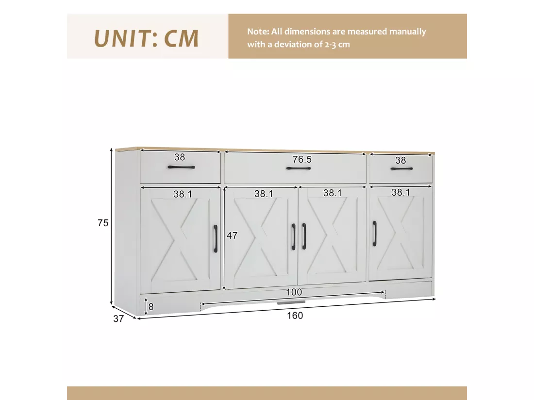 Buffet moderne avec 4 portes et 3 tiroirs - 160 x 37 x 75 cm - Bois MDF - Etagères réglables - Blanc et bois