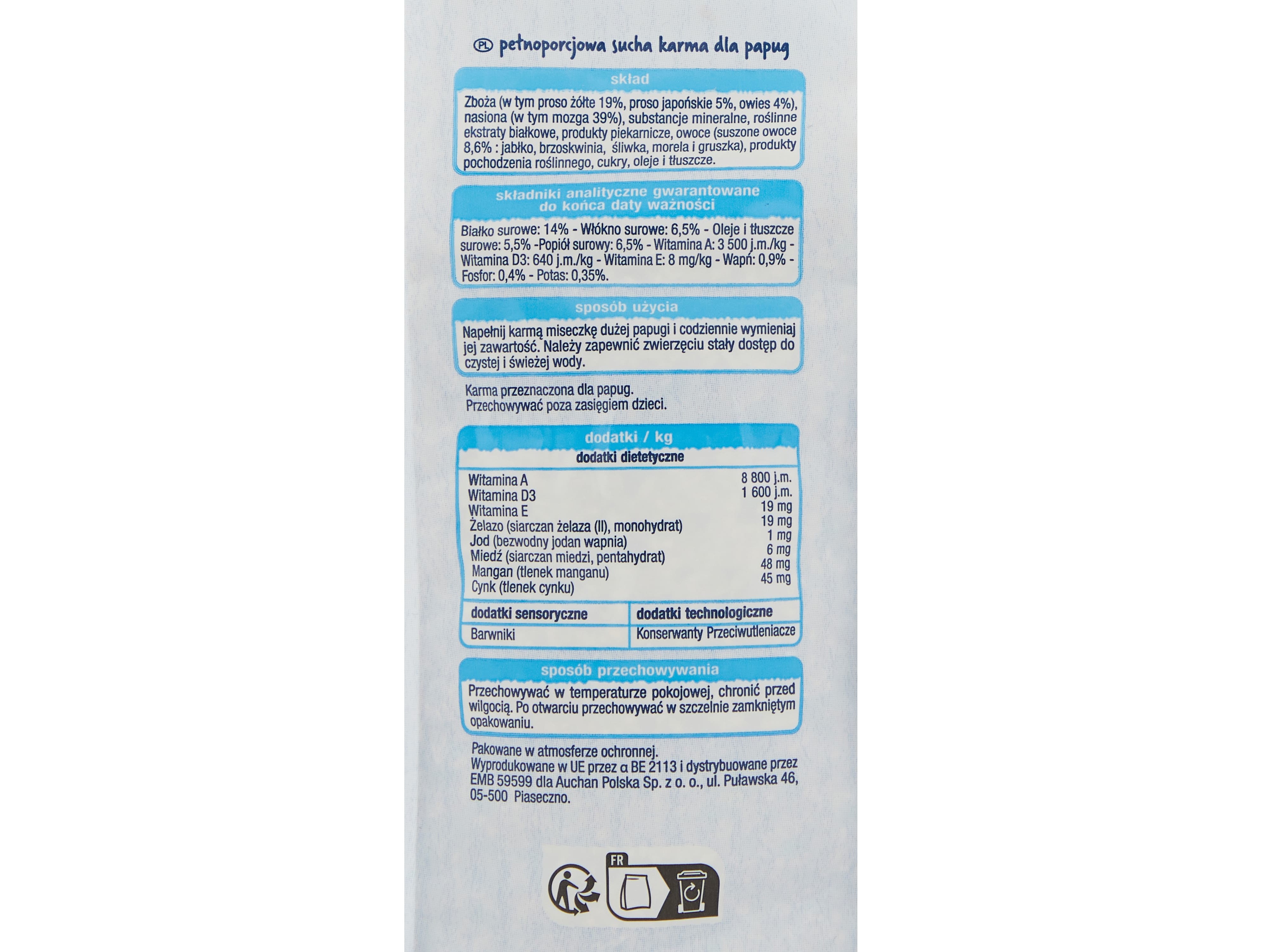 COMIDA PARA PERIQUITOS AUCHAN MENU COMPLETO 800G