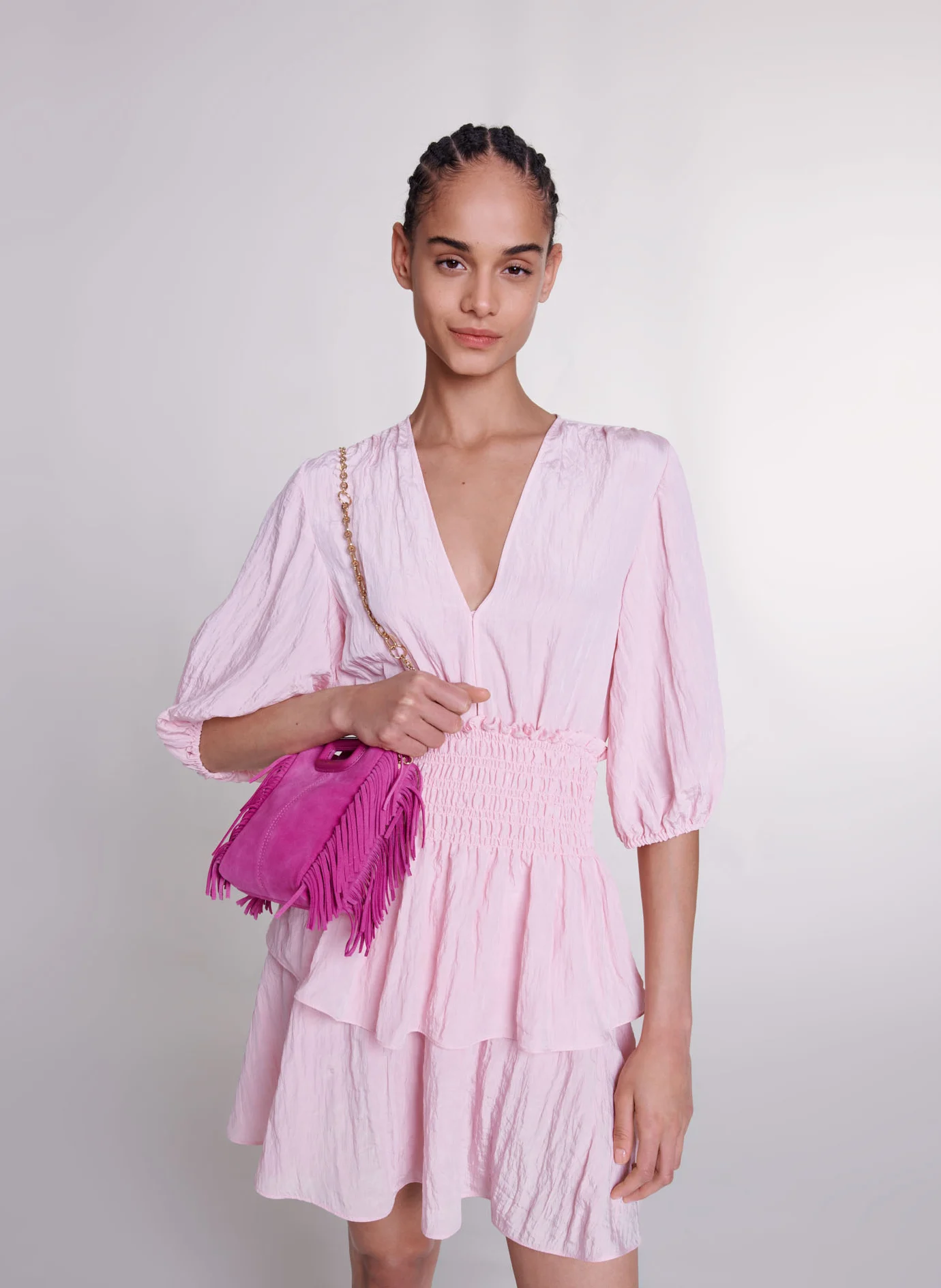 Robe courte col V à volants| Rose