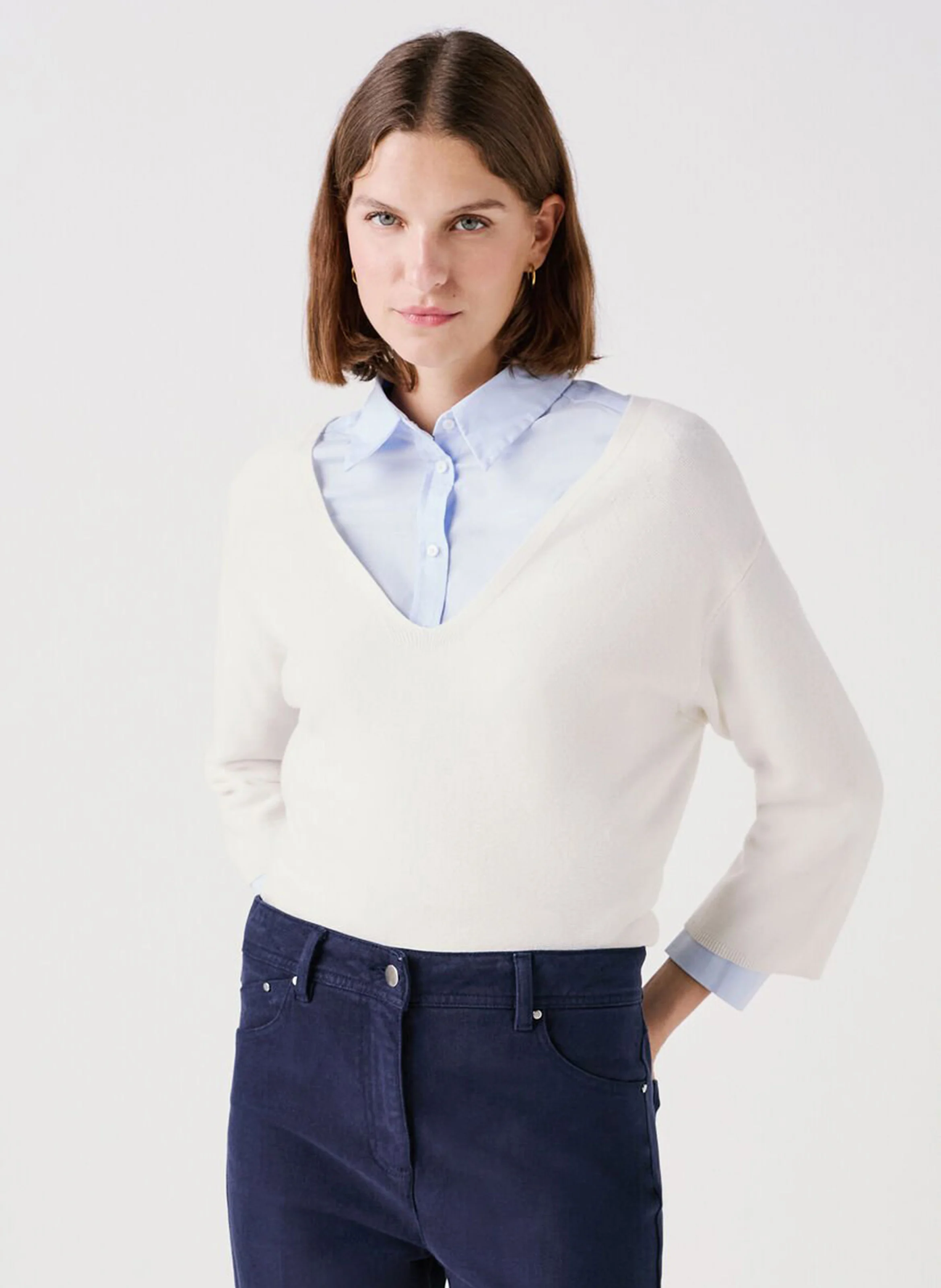 MBOBBY - Pull ample col V en coton | Beige
